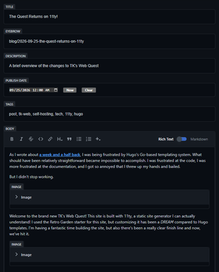 I can even write posts from the web now! A screenshot of this post being written in Decap CMS
